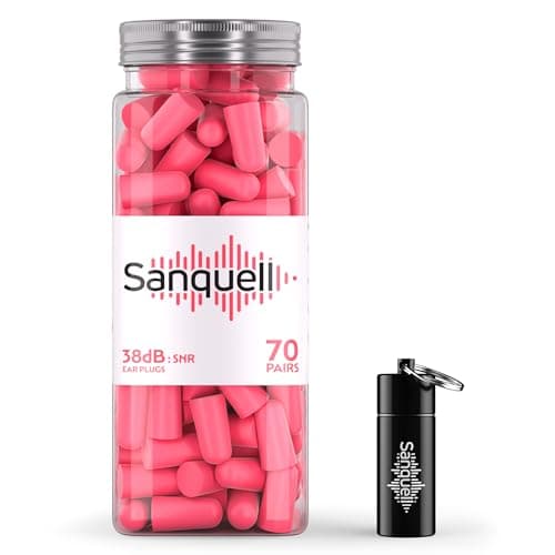Image of Sanquell Soft Disposable Foam Ear Plugs, 70 Pairs, SNR 38 dB Hearing Protection, Includes Aluminium Case, for Sleep, Travel, Work, and Study - Pink