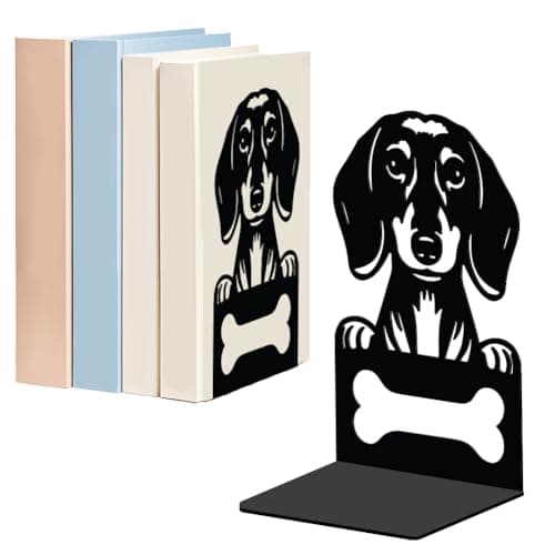 Image of WADORN 1 Pair Dachshund Metal Decorative Bookend for Shelves, Heavy Duty Book Ends Cute Dog Non-Skid Books Holder Stand Black Book Support Stoppers for Desk Bookshelf Office Home, 4.7x3.5x7 inches