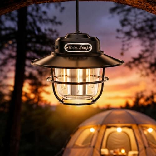 Image of Retro Camping Lantern- Rechargeable Lantern with 4 Light Modes (1300K-6500K), Stepless Dimming Camping Lights for Tents,Waterproof Tent Light for Camping for Hiking, Fishing, Garden & Power Cuts