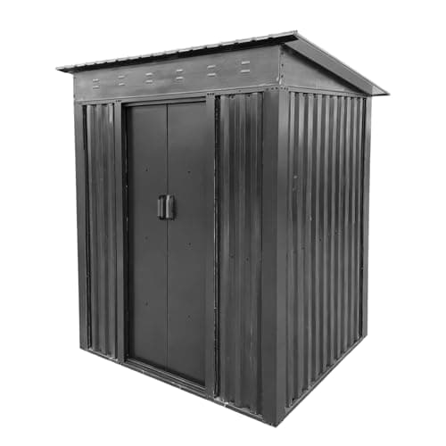 Image of Garden Storage Shed Metal 6 x 4 FT Outdoor with Base Vents Lockable Sliding Doors Sloped Pent Roof for Patio Backyard Bike Tool All-Weather (Grey)