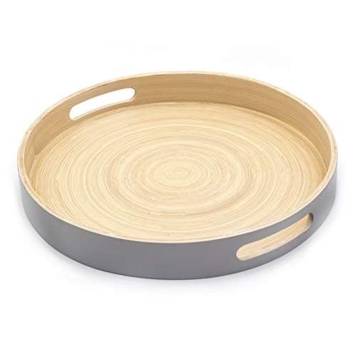 Image of Dehaus® Stylish Wooden Bamboo Tray - Grey Large - Luxury Round Wood Lap Trays for Eating Dinner, Tea and Coffee Tray, Bar Drinks or Food Serving Trays with Handles - Eco Friendly