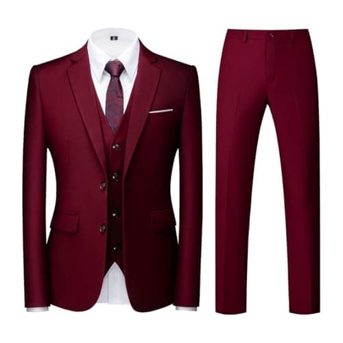 Image of Men Suits 3 Piece Slim Fit Single Breasted Two Button Burgundy Wedding Tuxedo Suit Blazer Waistcoat Trousers(Burgundy,X-Larger)