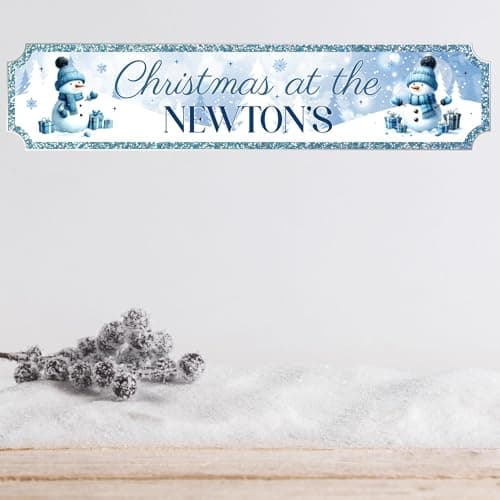 Image of Handmade Personalised Christmas Sign with 10 Designs To Suit Your Decor | 2-Line Custom Text Festive Street Sign Plaque | Ideal Family Present (Blue-Snowman, MDF Wood - Small - 290mm x 63mm)