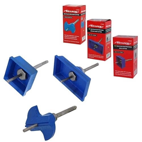 Image of TCT SDS Plus Electricians Box Cutter Set 3 Piece Professional Masonry Wall Chaser for Single & Double Back Boxes, Square & Circular Cutting Blades for Fast Electrical Socket Installation