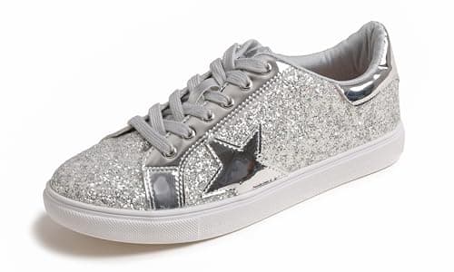 Image of Feversole Women's Fashion Lace Up Dress Sneakers Sparkly Party Shiny Shoe Ice Silver Star Glitter UK 5