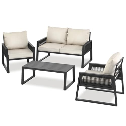Image of tectake® Garden Furniture Set in Modern Corded Design, Incl. 2 Seater Sofa, 2 Garden Chairs & Coffee Table with Durable Aluminium Frames & Thick Cushions, Outdoor Furniture Set for Backyard & Patio