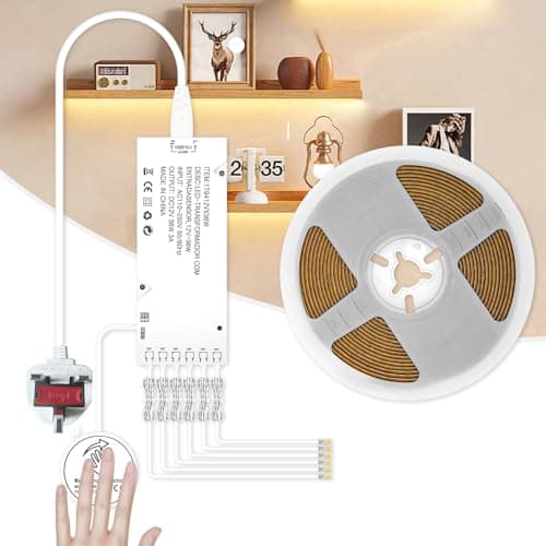 Image of RYE Under Cabinet Led Light Strip kit,16.4ft/5m Cuttable 3000K,6 Outlets Power,Touch Switch&Dimmer,COB Strip for Kitchen Cupboard,Book Shelf,Floating Shelf,Wall Panel,Home Decor [Energy Class A]
