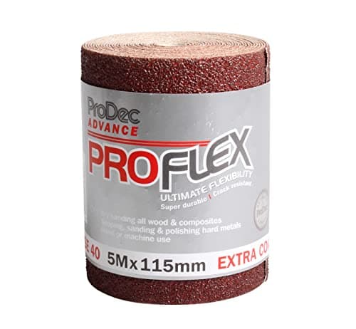 Image of ProDec Advance 5m Roll 40 Grit Extra Coarse Grade ProFlex Ultra Flexible Crack Resistant Aluminium Oxide Abrasive Sanding Paper for Sanding Wood, Paint, Plaster, Filler, Metal and More, 115mm Wide