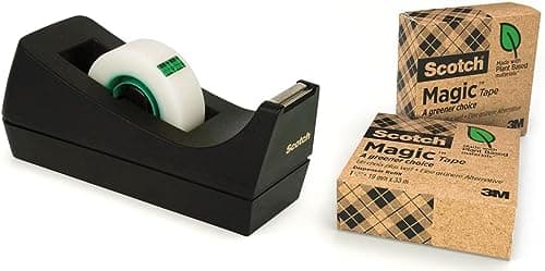 Image of Scotch Magic Tape Dispenser - 100% Recycled Plastic Dispenser - Black - Includes 3 Rolls of Scotch Magic Invisible Tape A Greener Choice 19mm x 33m - Ideal for School, Home and Office