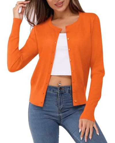 Image of Newshows Women's Solid Button Down Long Sleeve Classic Crew Neck Knit Cardigan Sweater(Orange,M)