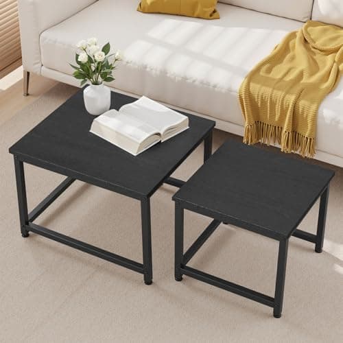 Image of Hawthyhome Square Coffee Tables, Nesting Coffee Table Set of 2, Modern Side Tables with Metal Frame, Industrial Stacking End Tables for Living Room Bedroom Office, 60 * 60 * 45cm, Black