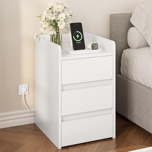 Image of YITAHOME Bedside Table with 3 Drawers and Power Station, Modern Nightstand End Table, Water-Resistant Storage Side Table for Living Room and Bedroom, 35 x 40 x 59cm (White)