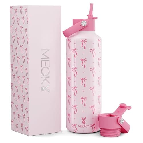 Image of Meoky Insulated Water Bottle for Women: 710ml Stainless Steel Sports Water Bottle with Straw - Keeps Cold 24 Hours for School Gym - Students Commuters, Bow