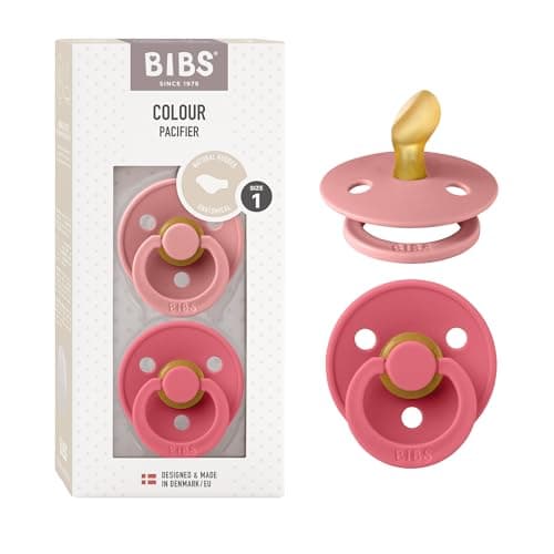 Image of BIBS Colour Anatomical Soother 2-Pack, BPA Free Dummy Pacifier, Orthodontic Nipple. Natural Rubber Latex, Made in Denmark, Size 1 (0-6 Months), Dusty Pink/Coral