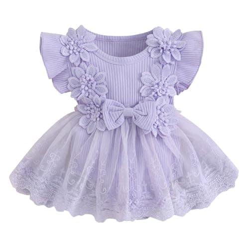 Image of imKutie Baby Girl Romper Dress, Newborn Infant Flower Lace Embroidery Ruffle Boho Princess Dresses Half 1st Birthday Gift Cake Smash Outfits Photoshoot Clothes 0-18 Months Purple