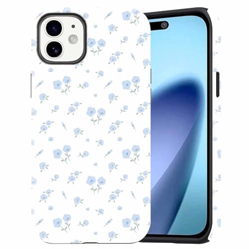 Image of Dahimomo Floral Print Cute Phone Case for iPhone 12/iPhone 12 Pro 6.1", 2-in-1 Girly Aesthetic Design Blue Flower Pattern, Camera Lens Protective Shockproof Bumper Slim Cover for Girl Women