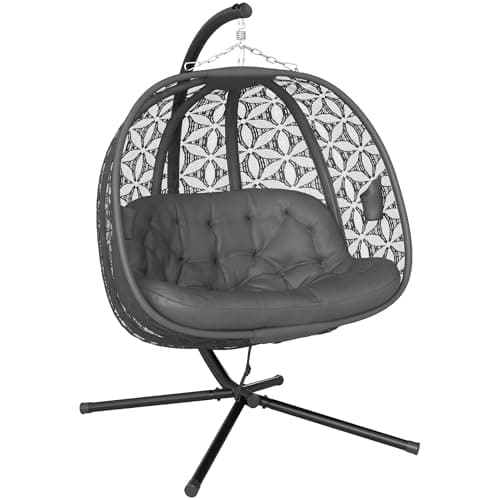 Image of Outsunny Outdoor Double Hanging Chair, Swing Chair with Metal Stand, Thick Padded Cushion, Foldable Basket and Cup Holders, for Indoor and Outdoor, Charcoal Grey