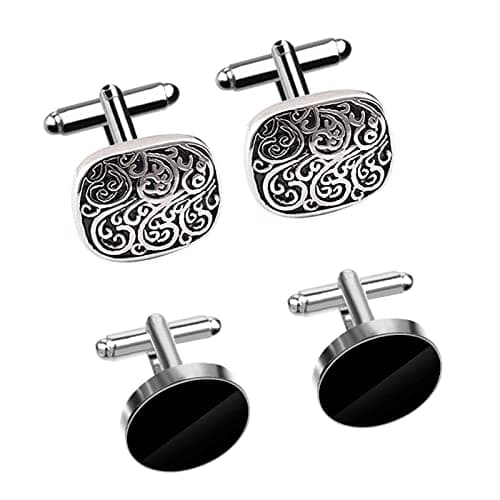 Image of 2 Pairs Cufflinks for Men, Stainless Steel Classic Cufflinks Black Round and Square Retro Knot French Striped Shirt Suit Button Cuff Link Kit For Wedding Business Graduation Jewelry Gift