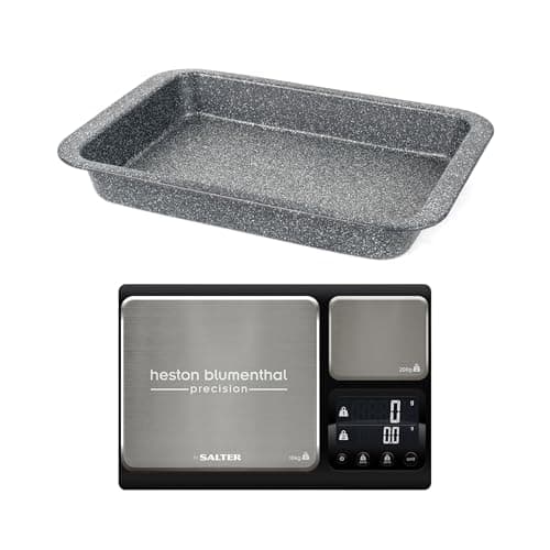 Image of Salter Roasting Tray & Kitchen Scale Set – Megastone 36 cm Roaster with Non-Stick Coating, Carbon Steel, Heston Blumenthal Precision Digital Baking Scale with Dual Platforms, 10kg/200g, Tare Function
