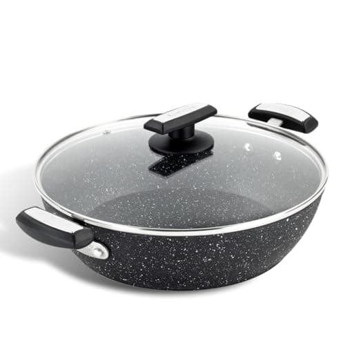 Image of Scoville Xtra 28cm Shallow Casserole with Lid, Non Stick Casserole Pan, NEVERSTICK Coated, Suitable for All Hobs, Rapid Heat Conduction, Dishwasher Safe, PFOA Free, Aluminium, Black [Amazon Exclusive]