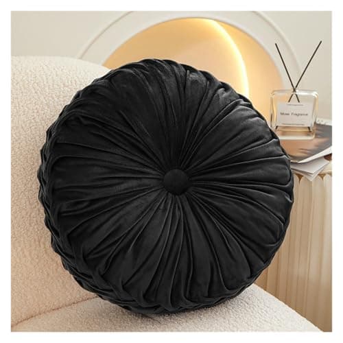 Image of Fylldso Round Pumpkin Cushion - Handcrafted Pleated Throw Pillow, Velvet Filled Chair Cushion for Sofa, Bed, Floor, Car Decorative (Black)
