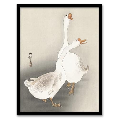 Image of Artery8 Two Geese Birds Ukiyo E Framed Wall Art Print Vintage Japan : Artwork by Koson 18x24 Graceful bird duo symbolising peace and harmony, ideal for tranquil hallways or study walls