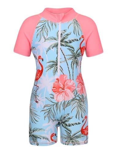 Image of AmzBarley Girls Swimming Costume Kids One Piece Swimsuit Mermaid Swimwear Zipper Swimsuits Short Sleeve Surfing Swimming Wetsuit Bluepink Age 9-10 Years Size 140