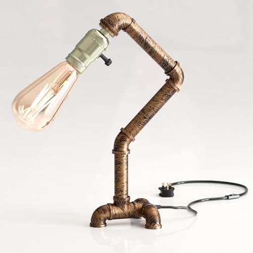 Image of LEDSone Industrial Steampunk Pipe Table Lamp Vintage Retro Desk Light 40cm Brushed Copper E27 Bedside Lamp for Living Room, Bedroom, Study, Office Décor