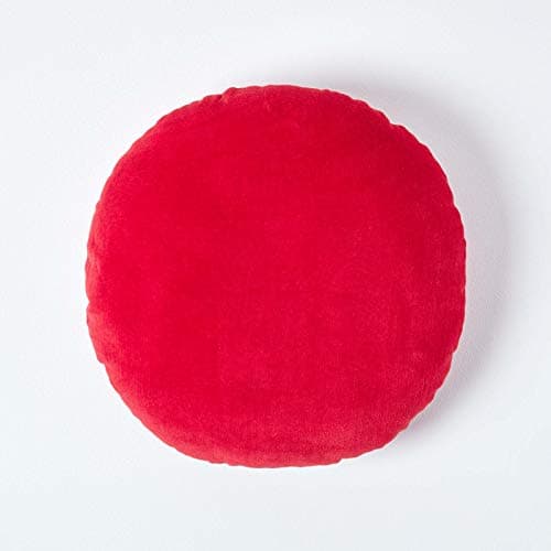 Image of HOMESCAPES Red Round Velvet Cushion Super Soft Cotton Velvet Luxury Filled Scatter Cushion Thick Plain Accent Throw Pillow for Sofa and Bed Decoration, 40cm (15") Diameter