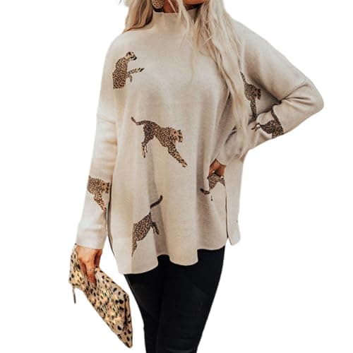 Image of Casual Long Sleeve Top with Retro Tiger and Leopard Print, Women's Turtleneck Sweatshirts, Knit Long Sleeve Side Slit Casual Pullover Sweatshirt Tops (Off White,L)