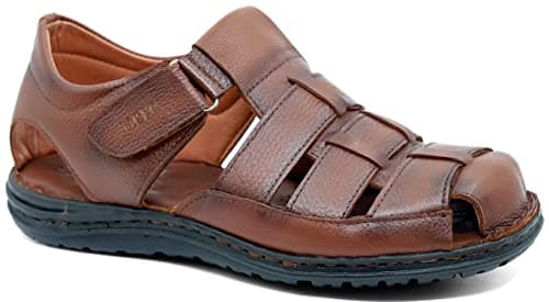 Image of Lusco men`s real leather strap outdoor beach summer closed toe comfort fisherman sandals (Tan, UK Footwear Size System, Adult, Men, Numeric, Medium, 10)