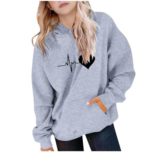 Image of duxyoz Hoodies for Teen Girls Oversized Preppy Hooded Sweatshirt Heart Print Casual Loose Fit Basic Sweatshirt with Hood Pocket Gray 14-15 Years