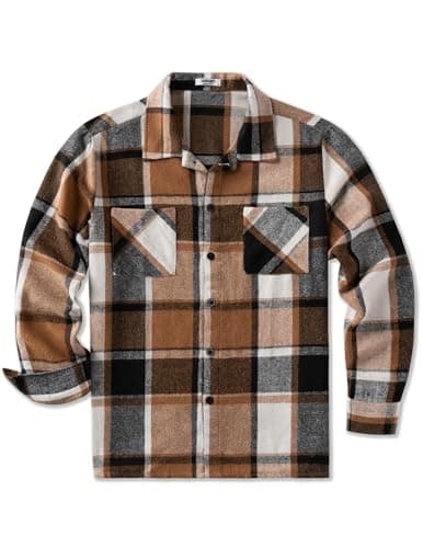 Image of COOFANDY Mens Flannel Shirt Jacket Long Sleeve Casual Checked Overshirt Plaid Jacket for Men with Pockets Khaki Gray XL