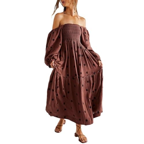 Image of FeMereina Women Floral Embroidered Maxi Dress Long Puff Sleeve Square Neck Bohemian Flowy Dress with Pockets Smocked Sundress (Brown, M)