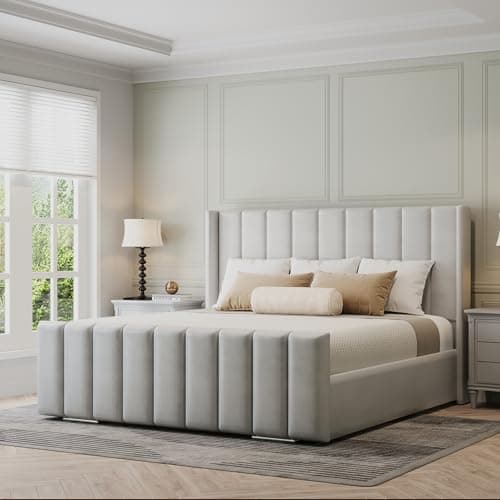 Image of Furnishion Vienna Wingback Super King Bed Frame, 6ft Super King Size Bed, Luxury Plush Velvet Upholstered Panelled Design, Strong Wooden Beds Frame 6ft Size with High Headboard in Silver Plush