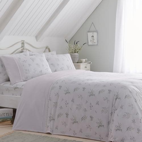 Image of Dreams & Drapes White Floral Duvet Cover Set – Super King Size 260 x 220cm – Includes 2 Pillowcases – Lavender Botanical Bedding – Vintage Lace & Ruffle Trim – Soft Touch Fabric – Elegant Bed Linen
