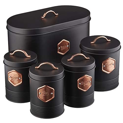 Image of Cooks Professional 5 Piece Tea Coffee Sugar Bread & Biscuit Cannister Set | Labelled Storage Tins | Containers with Airtight Lids | Canisters for Kitchen Accessories & Essentials | Black & Copper