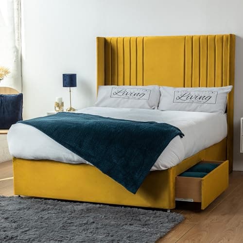Image of Living Comfort Bedz Soham Wingback Divan Bed with 54” Headboard | Orthopedic Mattress Included | Plush Velvet | Storage Options(Mustard,6FT Super King 2 Drawers Foot End)