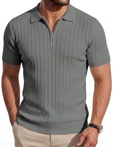 Image of Focixfor Men's Polo Shirts Zip Knitted Short Sleeve Stretch Vertical Striped Golf Casual Tshirt Grey 2XL
