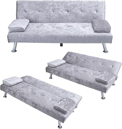 Image of CROWNSHOP Convertible Sofa Bed Modern Upholstered Couch with Adjustable Backrest & Metal Legs Sofas for Living Room Guest Room or Spare Room (Velvet Grey)