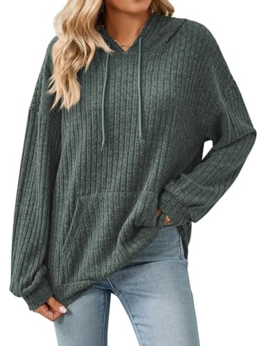 Image of Gemulate Long Length Jumpers for Ladies,Hooded Sweater Women Tops Wwith Pocket Autumn Jumpers Tunic Sweatshirts Dark Green Medium