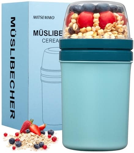 Image of Mitsemmo Cereal Cup On The Go,600ml+270ml Breakfast Pots to Go,Yogurt and Granola Pot, Muesli Cup Travel Bowl and Milk Container for Work,Overnight Oats Jar with Lid & Spoon(Bule)