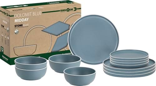 Image of Brunner Dolomit Melamine Camping Dinner Set, Anti Slip Outdoor Tableware Set, Lightweight Break Resistant Plates Bowls & Mugs, Caravan, Picnic & Camping Dining (Dolomit Blue, 12 Piece Set)