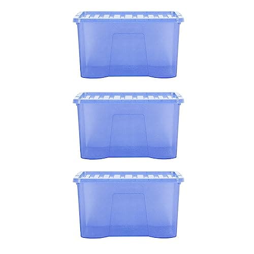 Image of Wham Crystal 3 x 60L Stackable Plastic Storage Boxes with Lids | Ideal for Home, Office, Toys & More | Large Boxes | Made in UK - Sparkle Blue