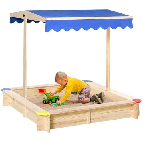 Image of Outsunny Kids Wooden Sand Pit Sandbox Children Square Outdoor Playset Adjustable Canopy Bench Seat 120x120x120cm