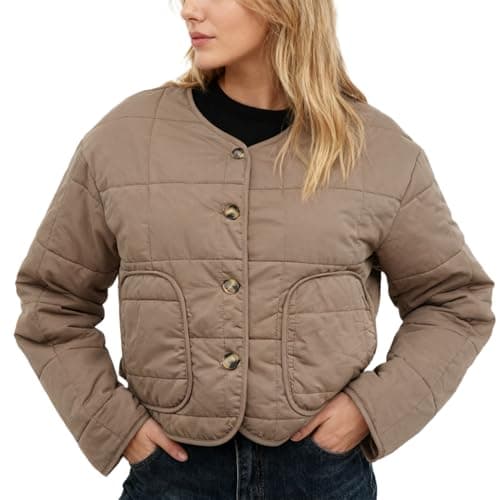 Image of Amazhiyu Womens Padded Jacket, Autumn/Winter Lightweight Quilted Jackets, Outdoors Long-Sleeved Button Down Coat with Pockets Brown L