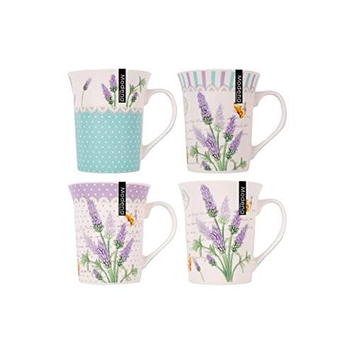 Image of YöL Set of 4 New Bone Lavender And Butterfly Themed Mugs 13oz Ideal For Coffee & Tea