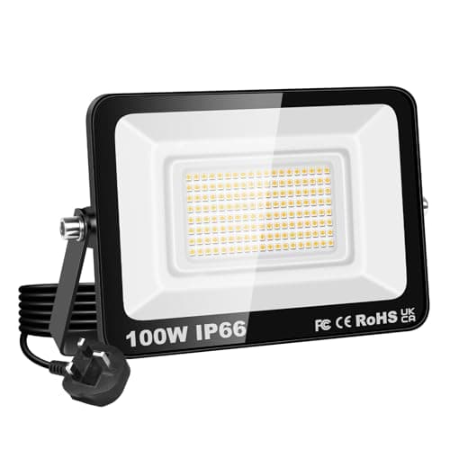 Image of PICAA 100W LED Flood Light, IP66 Waterproof Super Bright 10000LM Security Light, 3000K Warm White Outdoor Wall Light for Garden Yard Garage Patio Warehouse with UK Plug (1PCS)