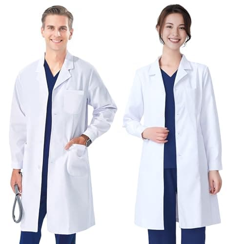 Image of FAHAKO Lab Coat Women Men Doctors Coat Medical Coat Cotton Science Lab Coats, Long Sleeve White Lab Coat Doctor Costume Adult Scientist Costume Fancy Dress Labcoat Dress Up White Coat Food Coat, L