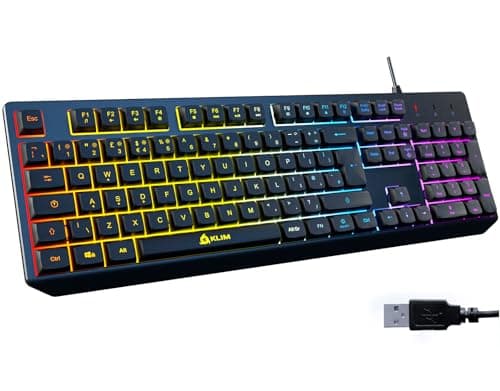 Image of KLIM Chroma Gaming Keyboard UK Layout - Slim, Durable, Ergonomic, Quiet, Water Resistant, Silent Keys, USB - Wired Backlit Keyboard for Laptop PC Mac Gamer PS4 - New Version - Black